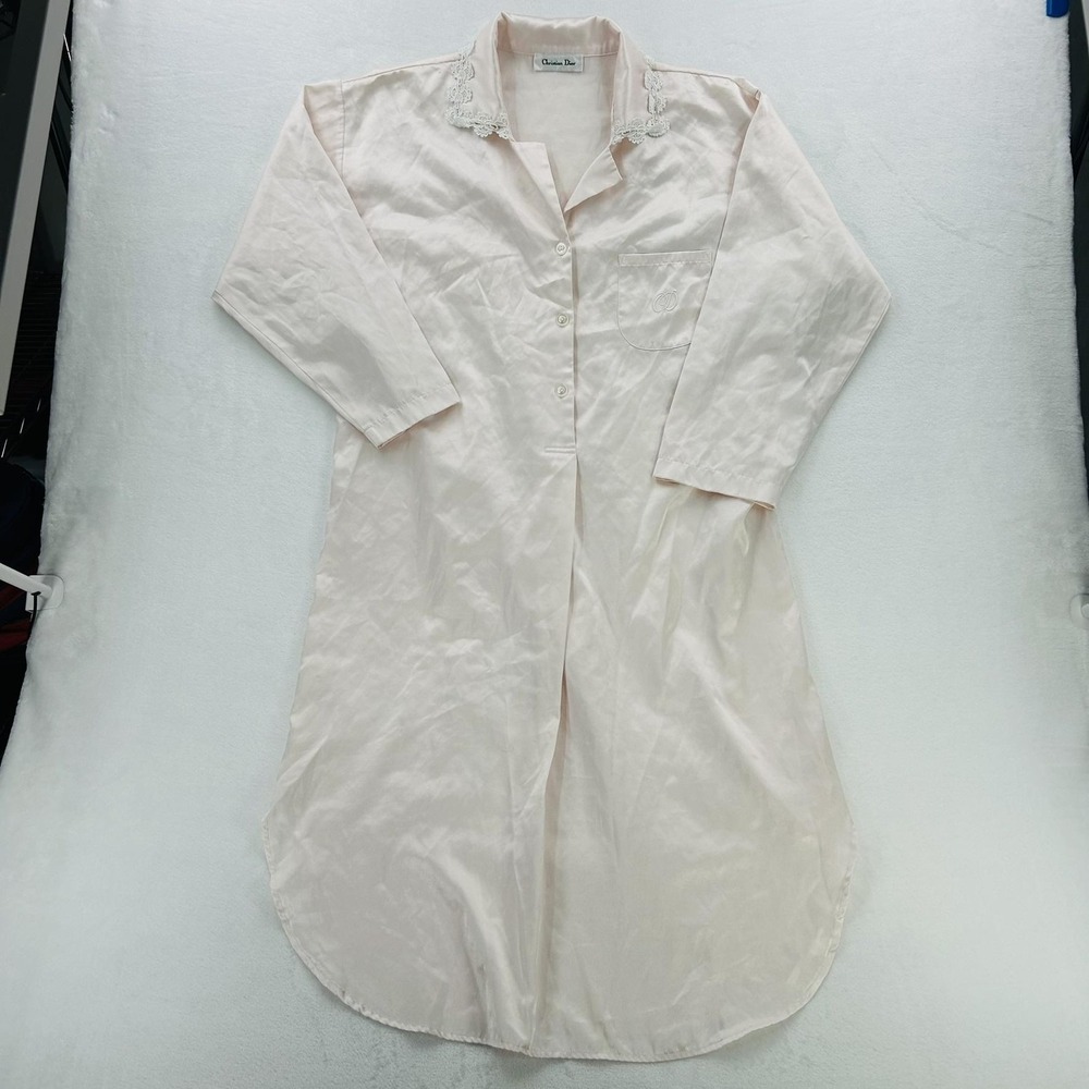 Vintage Christian Dior Sleepshirt Womens Medium Pink Satin Lace Collar Nightgown